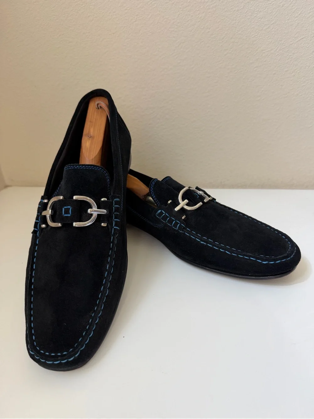 Men's Donald Pliner Black Suede Bit Loafers with Blue Stitching
